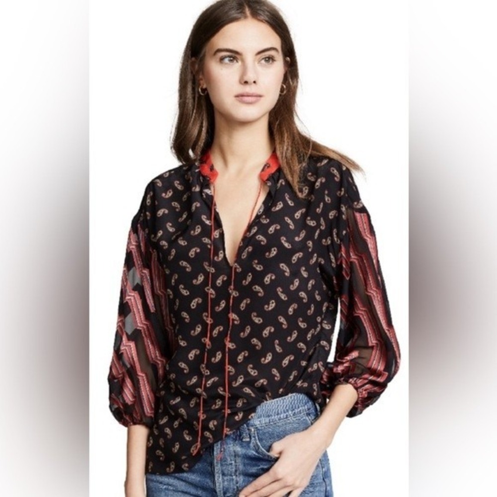 Alice + Olivia Silk Paisley Blouse Womens Medium Black Red V-Neck Excellent‎